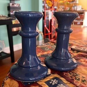 2 Blue candle stick holders ceramic.